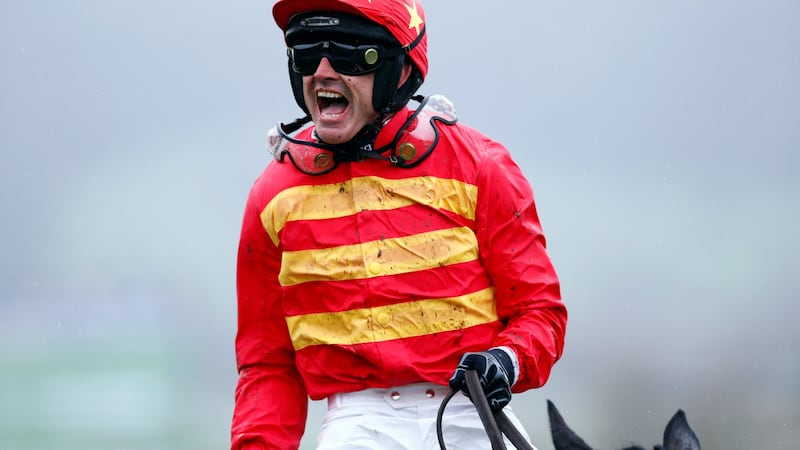 Ruby Walsh on Klassical Dream celebrates after winning the Supreme Novices’ race. Photograph: Eddie Keogh/Reuters