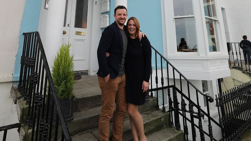 Simon and Jeanne Jordan outside their refurbished home on Haddington Terrace in Dun Laoghaire. Photograph: Nick Bradshaw/The Irish Times.