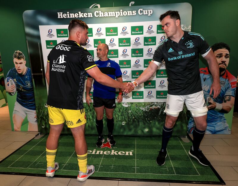 Stade Rochelais' Gregory Alldritt, referee Jaco Peyper and Leinster's James Ryan before the Heineken Champions Cup Final in Dublin. Photograph: Dan Sheridan/Inpho