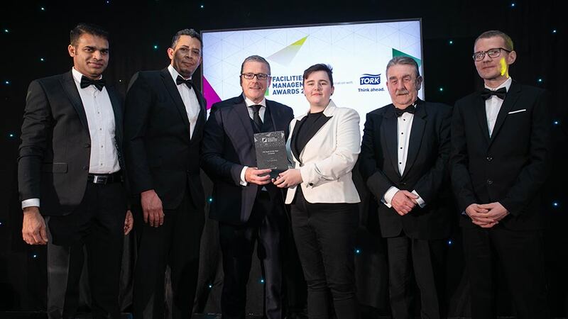 David Barker, Sales Director, Aramark Northern Europe presents the FM Team of the Year - In-house award to the Croke Park team.