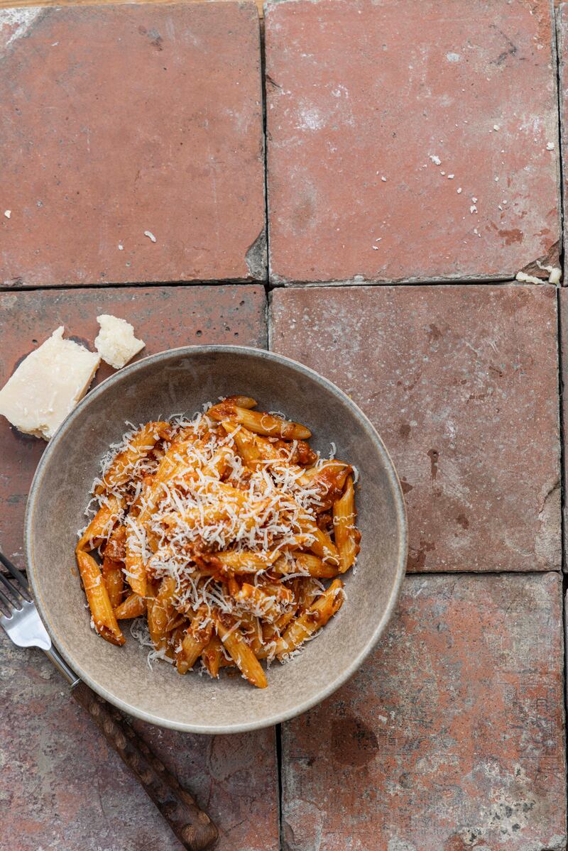 Pork with tomato vodka penne pasta. Photograph: Harry Weir