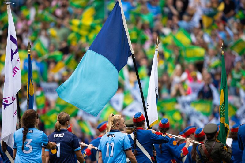 Dublin's Carla Rowe leads her side during the parade before the final. Photograph: Inpho
