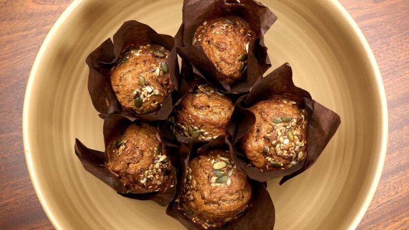 Breakfast muffins topped with muscovado sugar, sunflower seeds and rolled oats. Photograph: Joe O’Shaughnessy