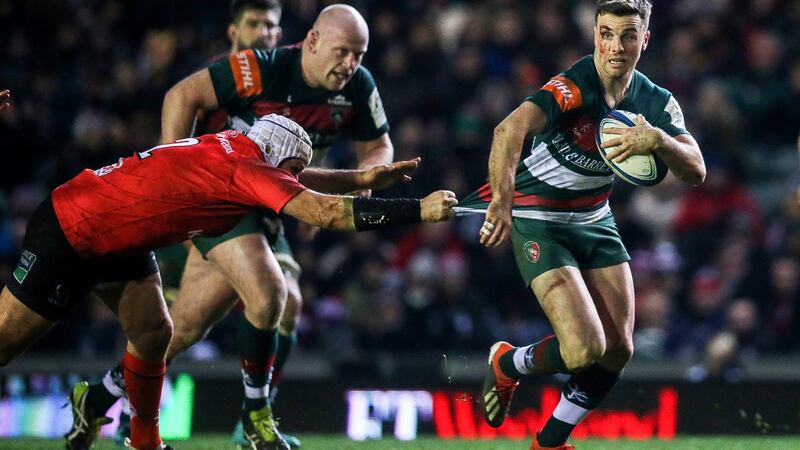 Ulster’s Rory Best gets a hold  on Leicester’s  George Ford during the the Champions Cup game against Leicester at Welford Road. photograph: Gary Carr/Inpho