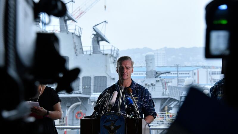 USS Fitzgerald: Vice Adm Joseph Aucoin, commander of the US 7th Fleet, talks to the  press about the ship’s collision. Photograph: Franck Robichon/EPA
