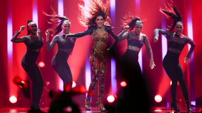 Eleni Foureira representing Cyprus with ‘Fuego’  at the Eurovision final in Lisbon. Photograph:  Jose Sena Goulao/EPA