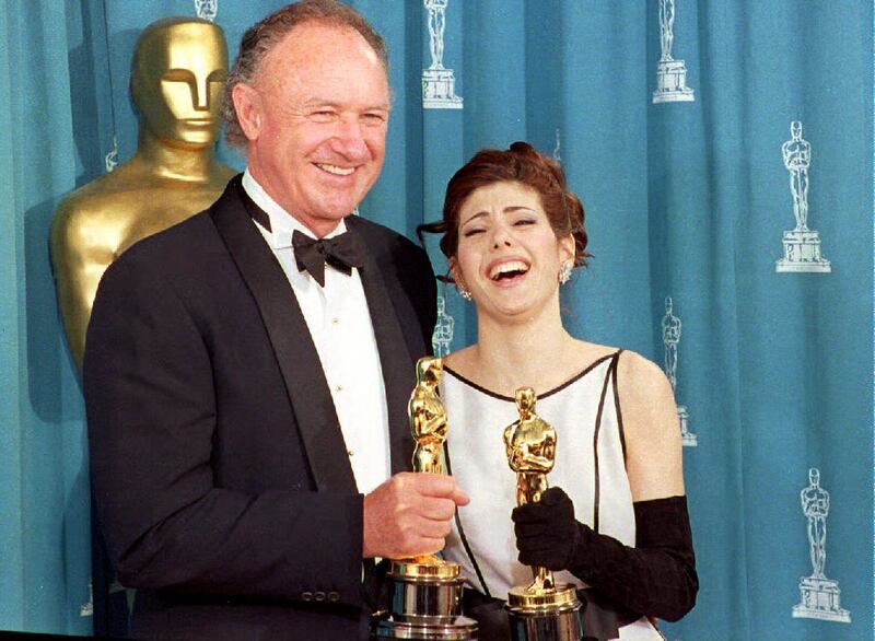 Hackman with Marisa Tomei as they pose with their Oscars on March 29th, 1993, shortly after being awarded best supporting actor and best supporting actress. Hackman won for his role in Unforgiven and Tomei for My Cousin Vinny. Photograph: Scott Flynn/AFP
