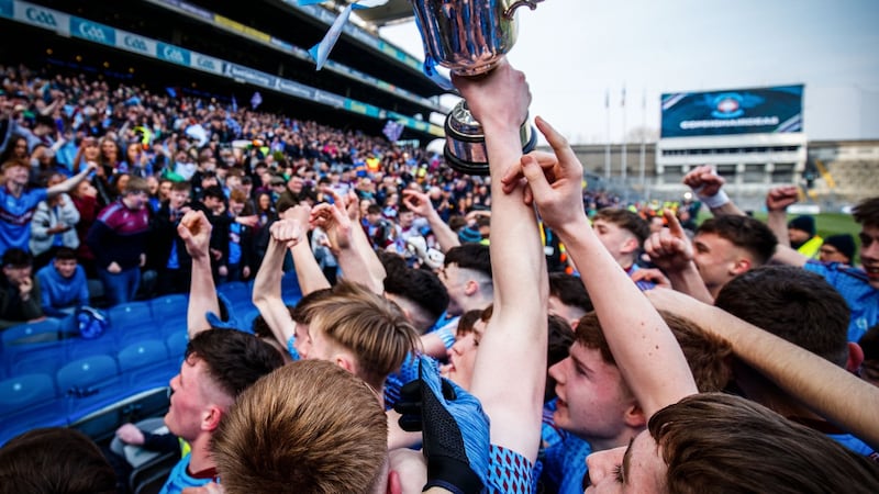 St Michael’s College celebrate   after beating Naas CBS in 2019 Hogan Cup final. The competition was not completed in 2020 and while it has yet to be officially cancelled this year, the calendar year means it is unlikely to take place. Photograph: Oisin Keniry/Inpho