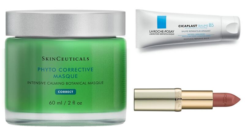 SkinCeuticals Phyto Corrective Masque (€60); La Roche Posay Cicaplast Baume B5 Soothing Repairing Balm (€8.49); L’Oréal Color Riche No 235 (€10.49)