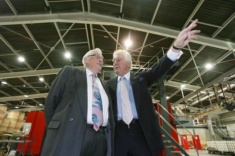 Seamus Mallon (left) and Tony O'Reilly at the opening of a new £20 million Independent News & Media printing plant in Newry, Co Down. Photograph: Julien Behal/PA Wire