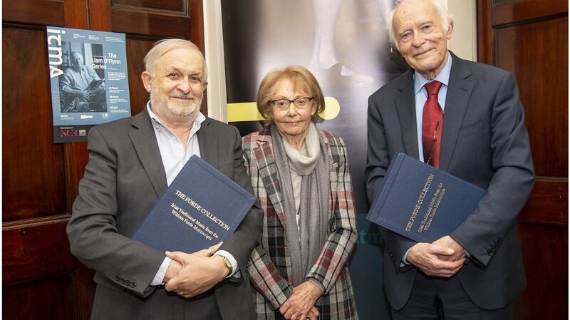 Nicholas Carolan, Caitlín Uí Éigeartaigh and Jackie Small at launch of The Forde Collection, which contains material dating back to the time of the Famine and before.