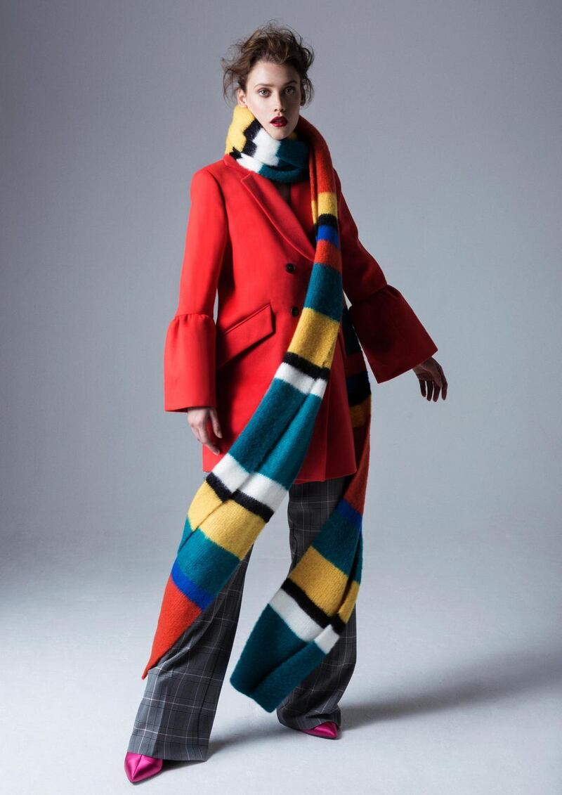 Red ruffle coat €40, multicolour scarf €8.