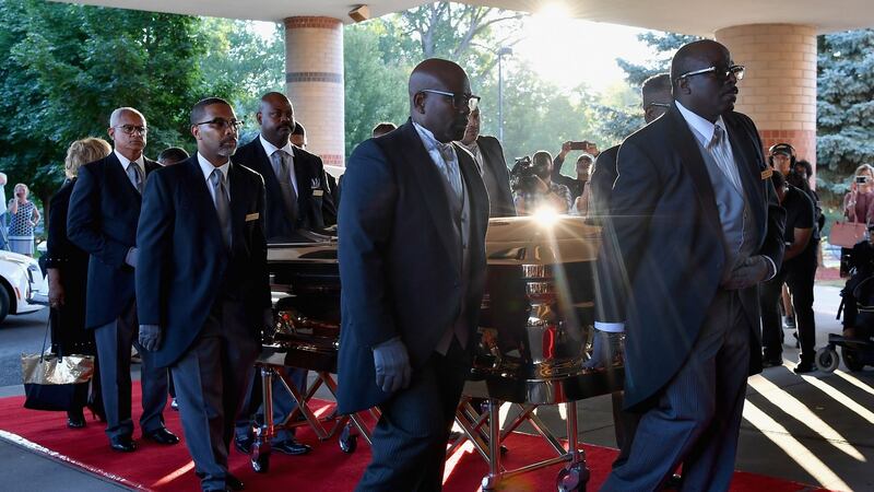 The casket of Aretha Franklin arrives at the Greater Grace Temple in advance of her funeral in Detroit, Michigan, US. Photograph: Angela Weiss/AFP/Getty Images
