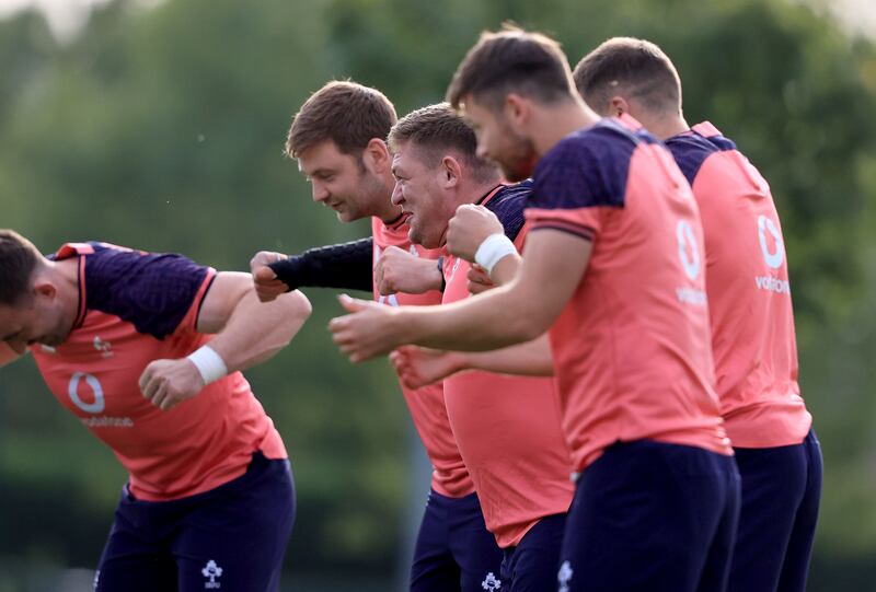 Iain Henderson and Tadhg Furlong during Ireland squad training at Complexe de la Chambrerie, Tours. Photograph: Dan Sheridan/Inpho