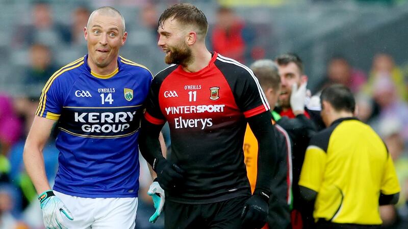 Kerry’s Kieran Donaghy and Aidan O’Shea of Mayo share an exchange during the All-Ireland SFC semi-final at Croke Park. Photograph: James Crombie/Inpho