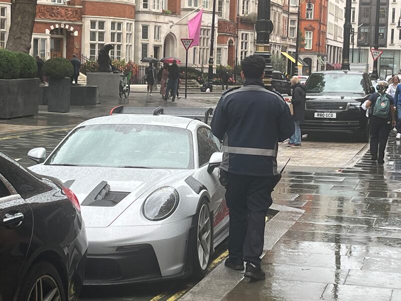 A Kuwaiti-owned Porsche 911 GT3 RS parked on Mount Street, Mayfair, on Wednesday. Photograph: Mark Paul