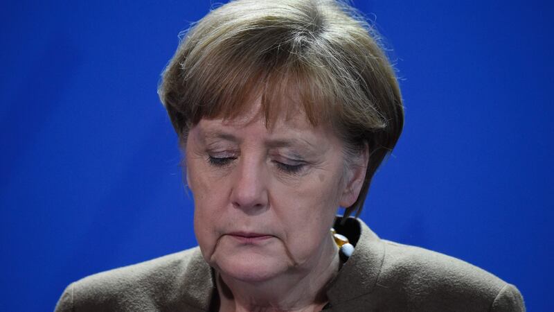 German chancellor Angela Merkel makes a statement on the Brussels bombings at the chancellery in Berlin on Tuesday. Photograph:   Odd Andersen