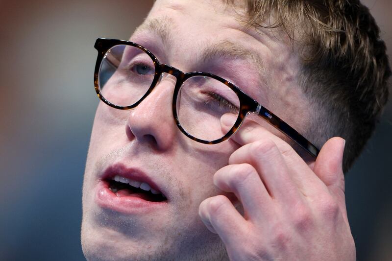 Daniel Wiffen reacts after winning gold in the men's 800m freestyle final. Photograph: Adam Pretty/Getty Images
