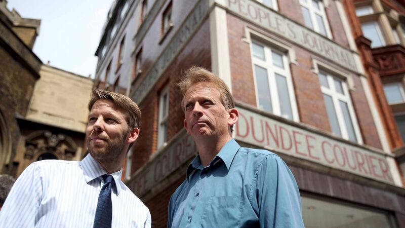 Journalists Darryl Smith (left) and Gavin Sherriff  outside the Sunday Post building in Fleet Street in London,  August 5th, 2016. The newspaper is the last to leave operations in Fleet Street. Photograph: Neil Hall/Reuters