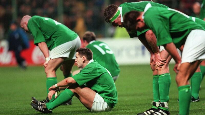 Ireland are dejected after their 28-24 defeat to Argentina in the 1999 Rugby World Cup quarter-final play-off. Photograph: Inpho