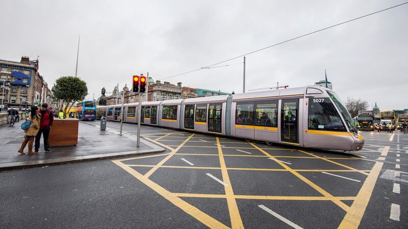 The 55-metre tram photographed on O’Connell Bridge on Thursday morning. Photograph: Brenda Fitzsimons.