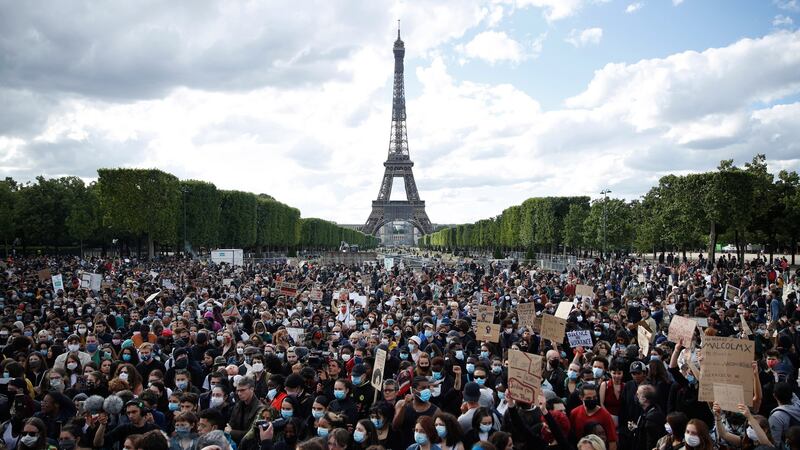 Protesters take part in a demonstration  in support of the George Floyd protests in the United States.  Photograph: EPA/Yoan Valat
