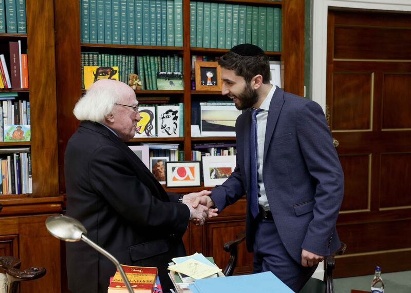 President Michael D Higgins greets chief rabbi of Ireland Yoni Wieder at Áras an Uachtaráin. Photograph: Maxwell’s 