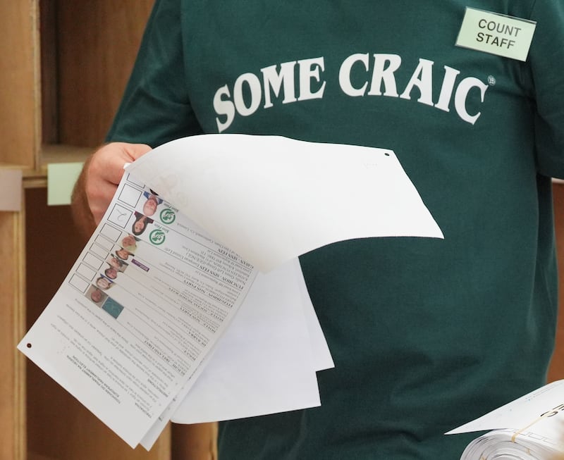 A count staff member's T-shirt during counting at the Cork centre. Photograph: Jonathan Brady/PA Wire 


