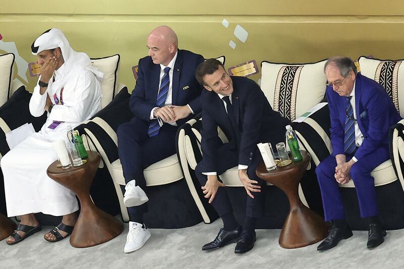 The president of the Qatar Football Association Hamad Bin Khalifa Bin Ahmed Al-Thani, Fifa president Gianni Infantino, French president Emmanuel Macron and the president of the French Football Federation Noel Le Graet at the  World Cup semi-final between France and Morocco at the Al-Bayt Stadium in Al Khor, north of Doha, on December 14th, 2022. Photograph: Giuseppe Cacace/AFP