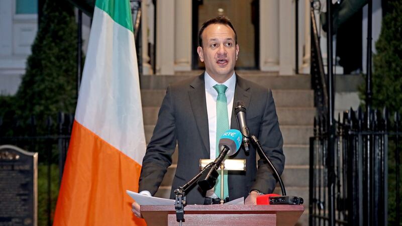 Taoiseach Leo Varadkar address the nation from Washington. ‘We imagined people gathered around smartphones and televisions and radios back home, hanging on his every word. Like in the old wartime movies.’ Photogrpah: Niall Carson/PA Wire