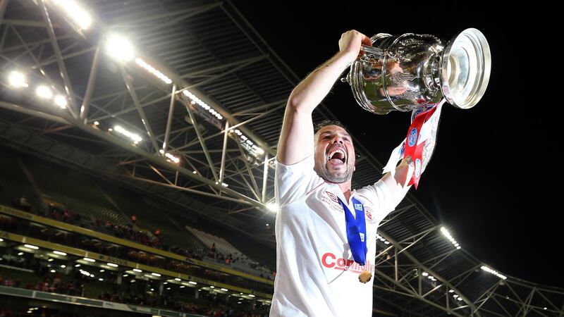Raffaele Cretaro celebrates Sligo Rovers’ FAI Cup win over Drogheda United at the Aviva stadium in November 2013. Photograph:  Cathal Noonan/Inpho
