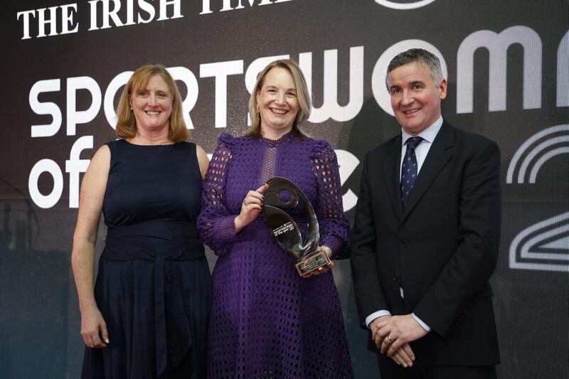 Lisa Clancy, accepting on behalf of Roisin Ni Riain at the Sportswoman of the Year awards. Photograph: Nick Bradshaw