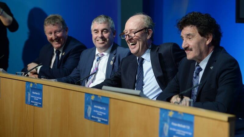 Kevin “Boxer” Moran (second left) with other members of the Independent Alliance (from left) - Minister of State for the OPW Sean Canney,  Minister for Transport, Tourism and Sport Shane Ross and Minister of State for Training and Skills John Halligan,  at a press conference in April 2017 to highlight one year as members of the Government. File photograph: Alan Betson/The Irish Times