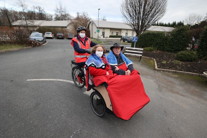 Husband and wife Doreen and Gerry Messitt, with driver Clare Clarke, at St Joseph's, Crinken Lane, Shankill.  Photograph: Nick Bradshaw