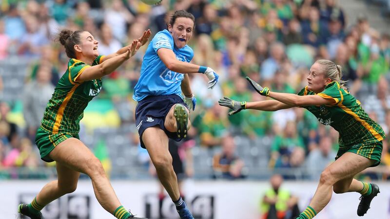 Hannah Tyrrell scores a point under pressure during Dublin’s win over Meath. Photograph: Bryan Keane/Inpho