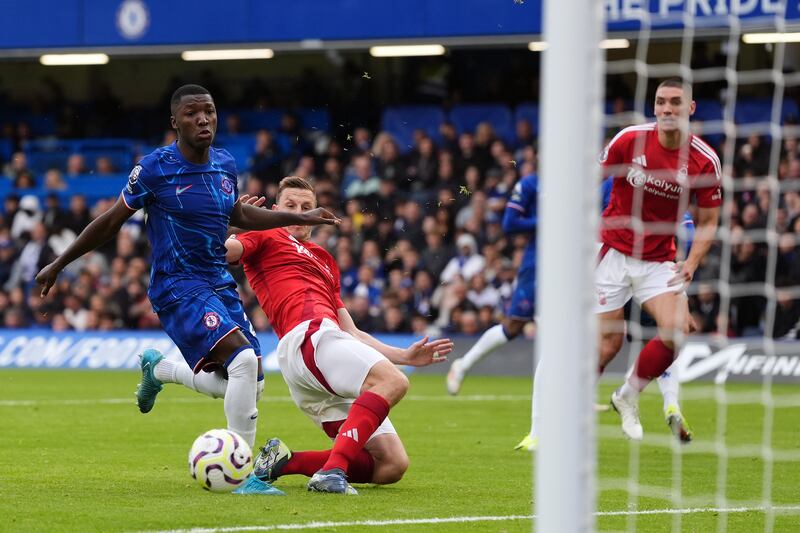 Nottingham Forest's Chris Wood scores against Chelsea at Stamford Bridge. Photograph: Bradley Collyer/PA