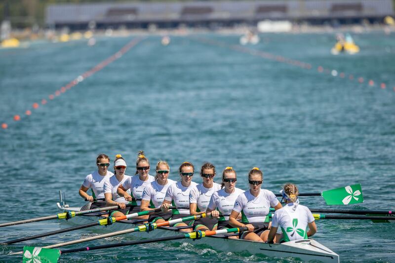 Ireland’s Leah O’Regan, Eimear Lambe, Emily Hegarty, Fiona Murtagh, Aifric Keogh, Sanita Puspure, Tara Hanlon, Natalie Long and Zoe Hyde in action during heat two of the Women's Eight. Photograph: Morgan Treacy/Inpho