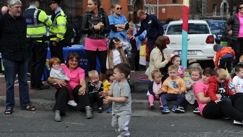 Children and parents having fun during the Playful Street event on Sherrif Street. Photograph: Aidan Crawley