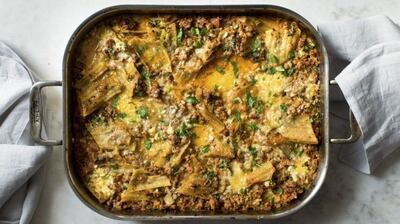 Yotam Ottolenghi’s one-pan pasta with harissa Bolognese. Photograph: Andrew Scrivani/New York Times