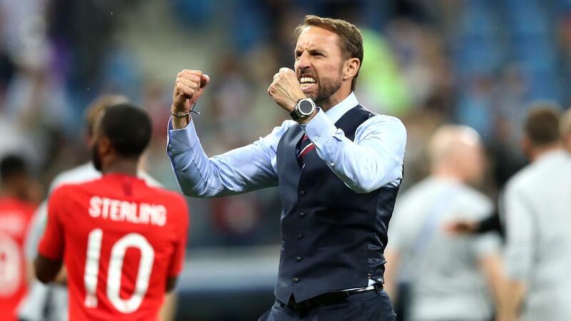 England manager Gareth Southgate celebrates  after the final whistle of the World Cup Group G match against Tunisia at The Volgograd Arena. Photograph:  Adam Davy/PA Wire