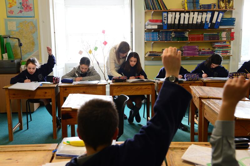 A teacher with her students at Headfort School, Kells, Co Meath.
Photograph: Dara Mac Dónaill 