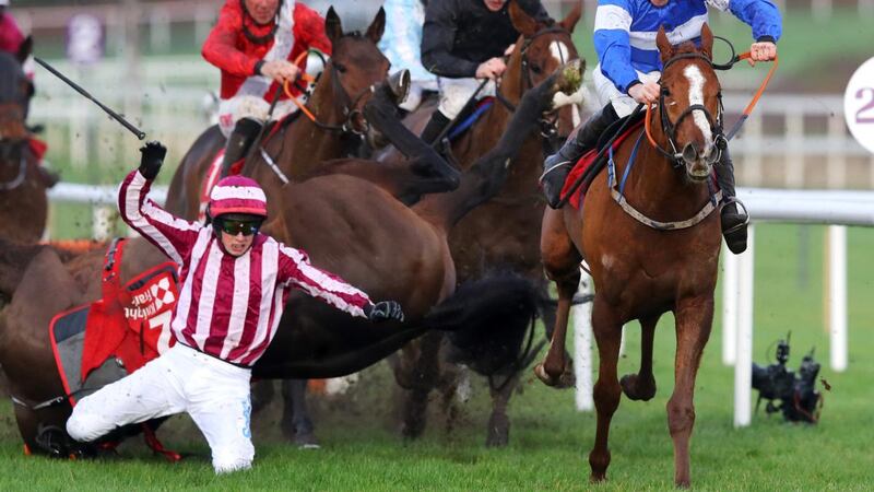 Jockey Bryan Cooper falls from Coeur Sublime at the last in the Knight Frank Juvenile Hurdle at Leopardstown. Photograph: Ryan Byrne/Inpho