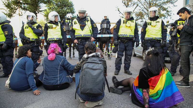 Anti-fascist  counter-demonstrators prior to the Nordic Resistance Movement’s  march in  Gothenburg, Sweden.  Photograph: Thomas Johansson/TT News Agency/Reuters