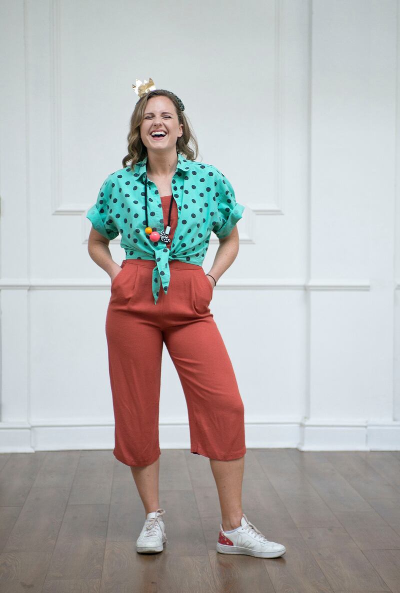 Katie Harrington wearing second hand clothes and sustainably made runners. Photograph: Dave Meehan