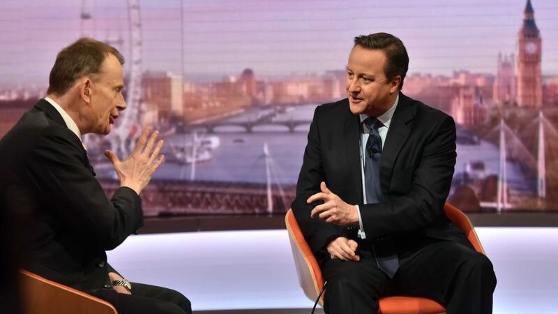 British prime minister David Cameron (right) speaking to Andrew Marr on the  BBC1’s The Andrew Marr Show on Sunday. Photograph: PA