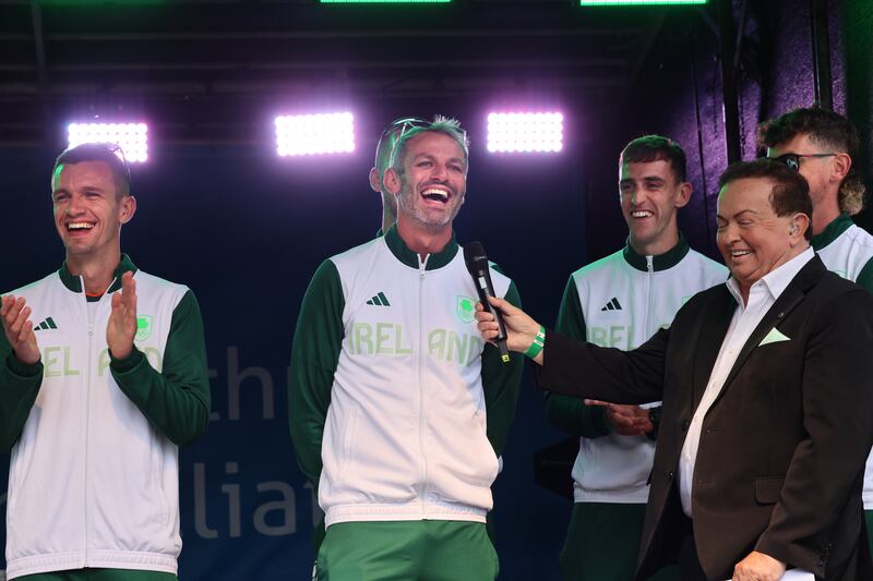 Irish runner Thomas Barr is interviewed on stage at the reception for Team Ireland. Photograph: Dara Mac Dónaill / The Irish Time


