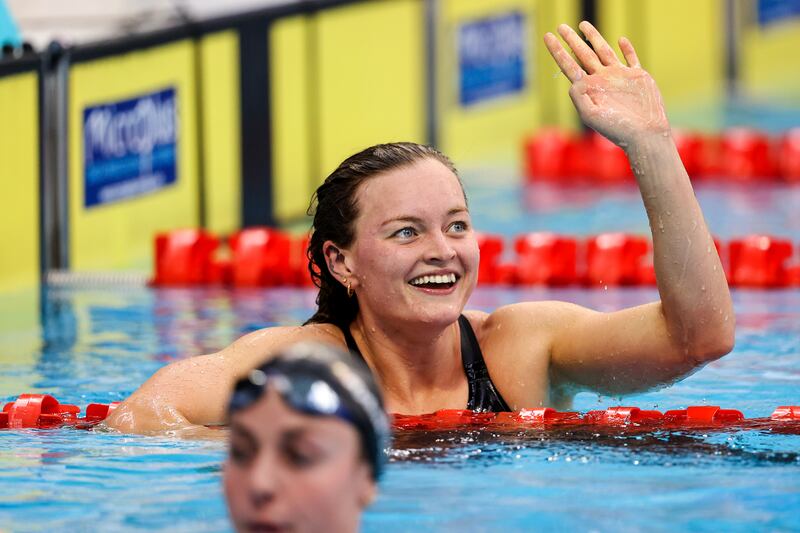 Ireland's Mona McSharry celebrates after winning gold in the Women's 200m Breaststroke Final in the European Under 23 Swimming Championships. Photograph: Ben Brady/Inpho