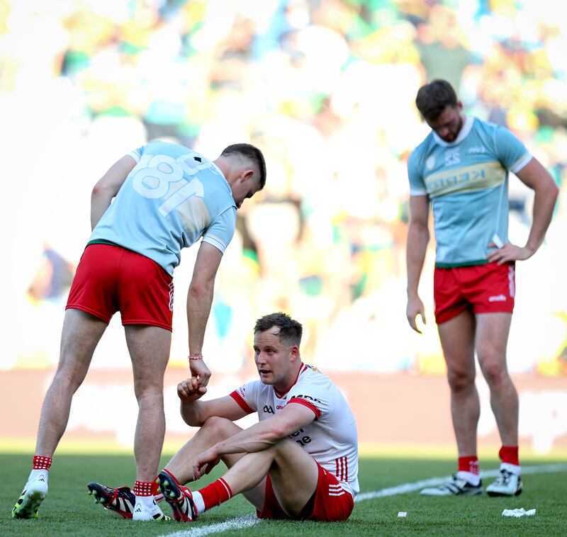 A dejected Kieran McGeary after Tyrone's defeat to Kerry at Croke Park. Photograph: Ryan Byrne/Inpho