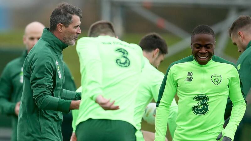 Ireland assistant manager Roy Keane speaks to Michael Obafemi during training ahead of the friendly meeting with Northern Ireland at the Aviva stadium. Photo: Bryan Keane/Inpho