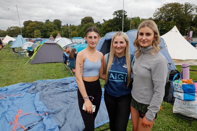 Electric Picnic 2024: Niamh Hogan, Ria McCormack and Zoja Skocenova pitched their tent in the overflow campsite after spending more than three hours looking for a spot. Photograph: Alan Betson